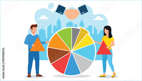 Business Collaboration Illustration with Pie Chart, Handshake, and Teamwork Concept.