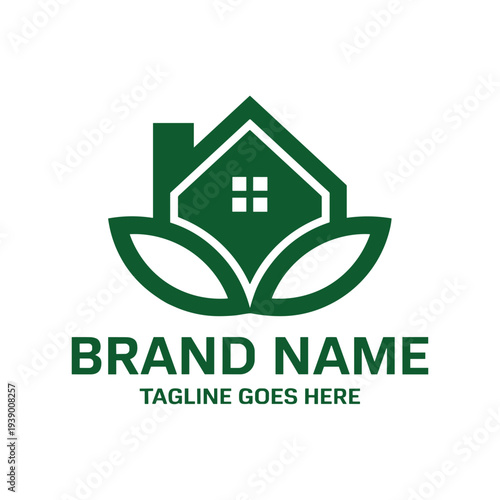 Green house logo with leafy elements and brand name text