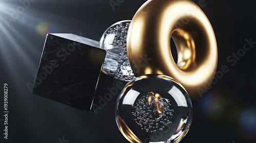 Abstract composition of geometric shapes in gold, silver, and transparent orbs with bubbles