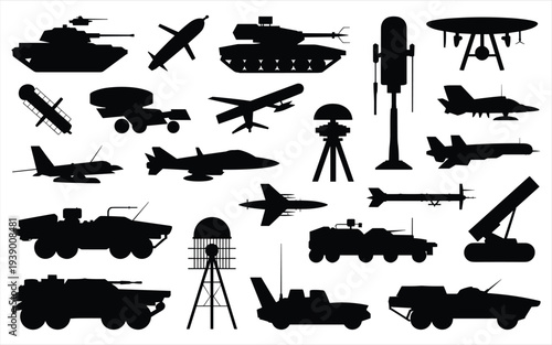 Military Vehicle and Aircraft Silhouettes Collection Vector Illustration