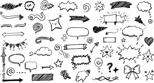 Hand-drawn Black and White Line Art Doodle Elements: Arrows, Speech Bubbles, Stars, Ribbons, and Bow Tie