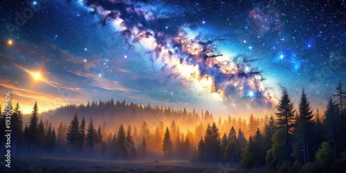 Wallpaper Mural Enchanted Forest Under a Celestial River of Stars and a Radiant Sunrise Torontodigital.ca