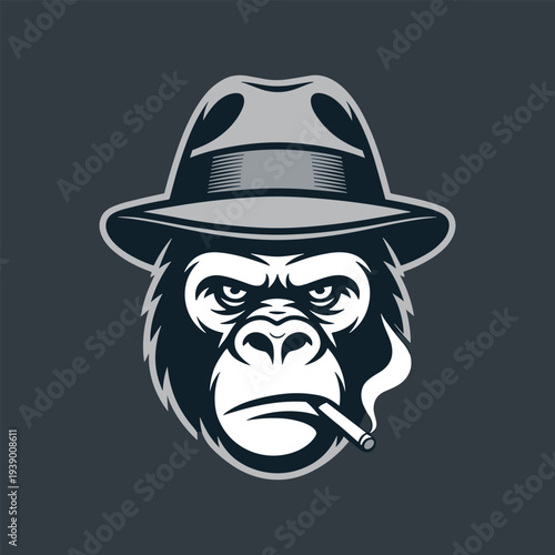 A gorilla wearing a fedora hat and smoking a cigarette on dark background