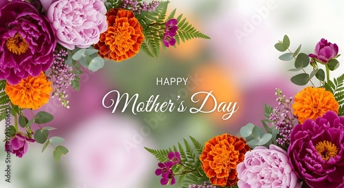 Happy mother's day greeting card with colorful floral wreath