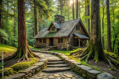 Wallpaper Mural Stone Cottage Pathway in a Verdant Forest Sanctuary, Sunlight Dappling Through the Trees Torontodigital.ca