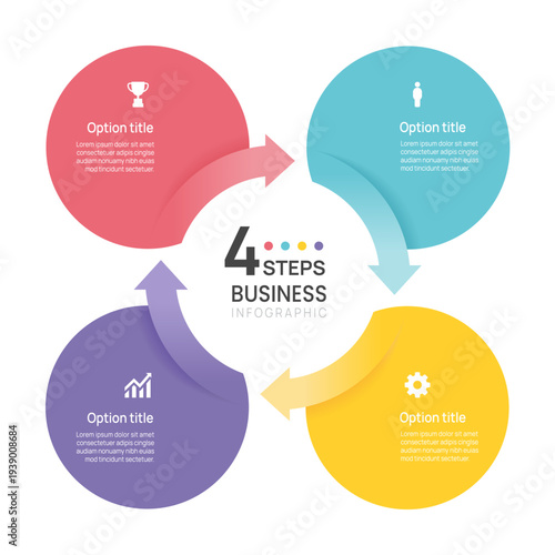 Infographic Venn diagram chart template for business 4 circle arrow label options, presentation with business icons vector illustration.