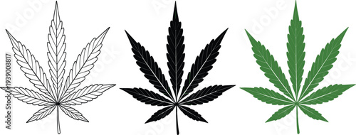 Three Cannabis Leaf Illustrations Outline Silhouette Green On White Keywords: cannabis, marijuana, leaf, hemp, weed, plant
