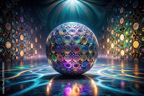 Wallpaper Mural A mesmerizing sphere of vibrant concentric circles rests on a reflective surface, surrounded by walls of similarly patterned orbs, illuminated by an ethereal glow. Torontodigital.ca