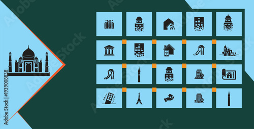 Collection of Indian Landmarks and Architecture Icons, Featuring Taj Mahal Silhouette, isolated on transparent background