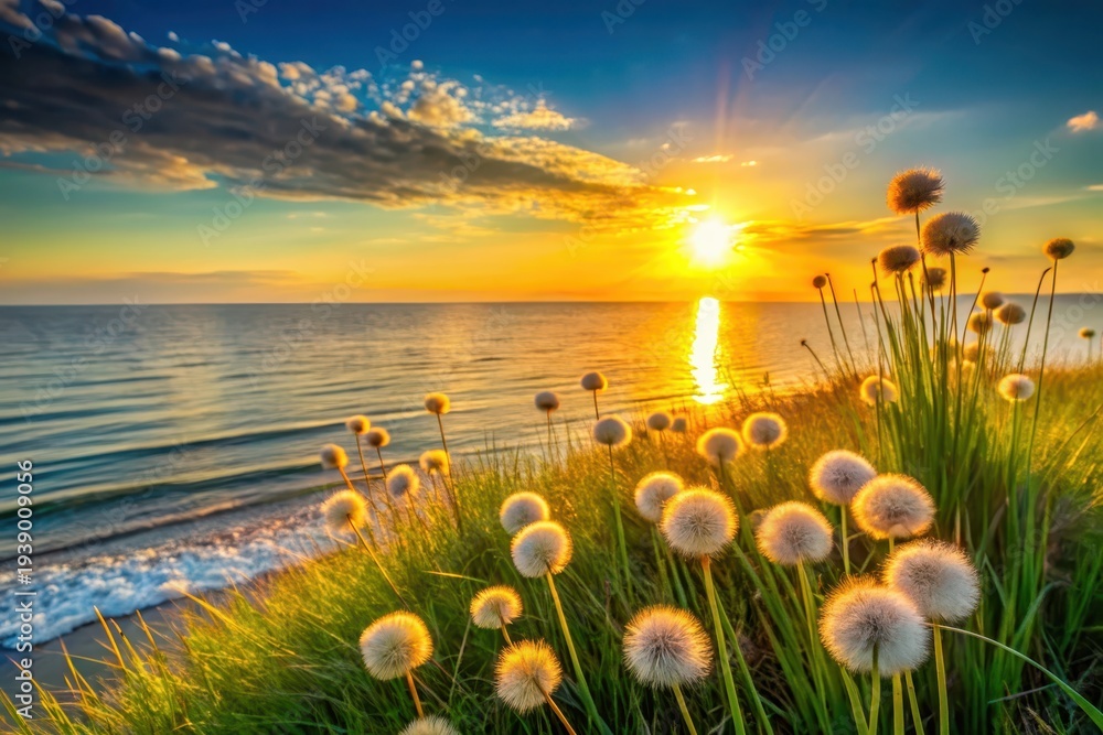 custom made wallpaper toronto digitalSerene Sunset Seascape with Dandelions Basking in Golden Hour Light