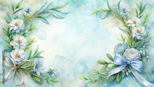 Serene Watercolor Floral Composition with Delicate Pastel Hues and Elegant Ribbon Accents