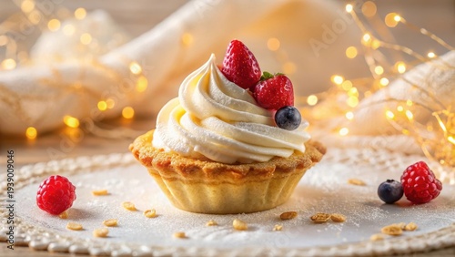 Wallpaper Mural Delightful Mini Tart with Creamy Topping and Fresh Berries, Garnished with a Delicate Sprinkle of Powdered Sugar, Illuminated by Festive Lights Torontodigital.ca