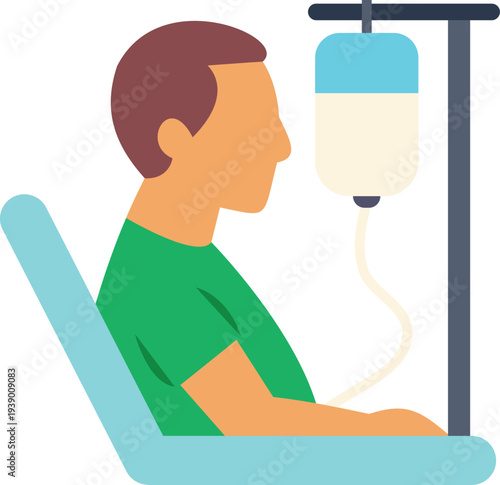 Patient sitting while receiving intravenous medical treatment from an iv drip