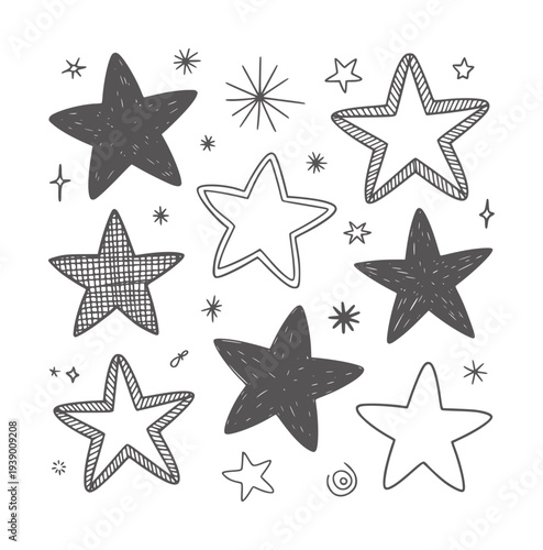 Black and white doodle style star collection with various patterns and fills