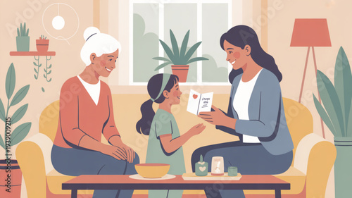 Woman and girl giving card to senior woman sitting on couch in living room with plants