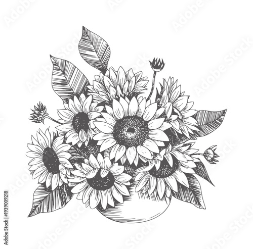 Black and white ink of a bouquet of sunflowers in a vase