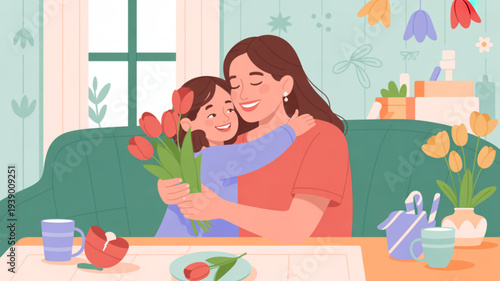 Mother and child sharing a warm hug with flowers on a cozy living room couch