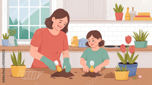 Woman and child planting flowers together in a kitchen with potted plants on the counter