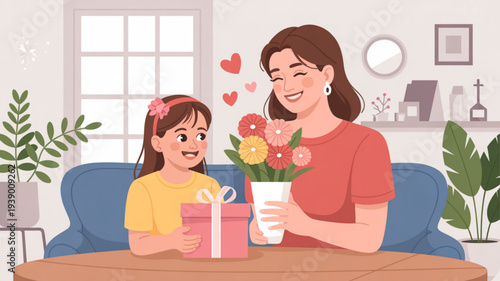 Mother and daughter sharing a heartwarming moment with flowers and gift on a cozy living room table