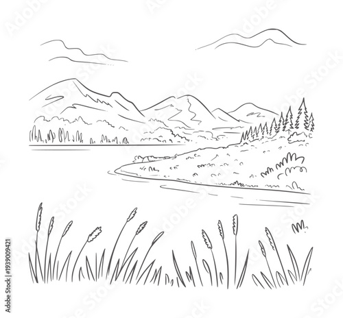 Black and white line of a serene lake with mountains and reeds