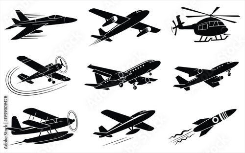 Diverse Aircraft Silhouettes Collection: Jets Helicopters Rockets and Planes