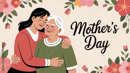 Young woman embracing elderly mother on mother's day surrounded by flowers on beige background warm and tender moment