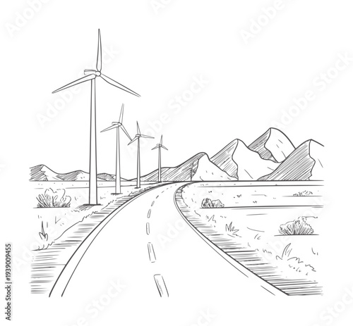Black and white line of a winding road leading to wind turbines in a mountainous landscape