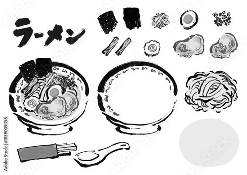 ラーメン（中華そば）の中身のセット　和風筆書きイラスト