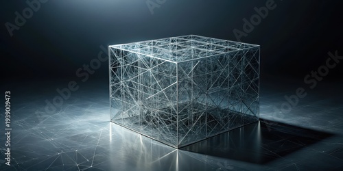 Intricate Glass Cube Structure on a Reflective Surface, Illuminated by a Subtle Light Source