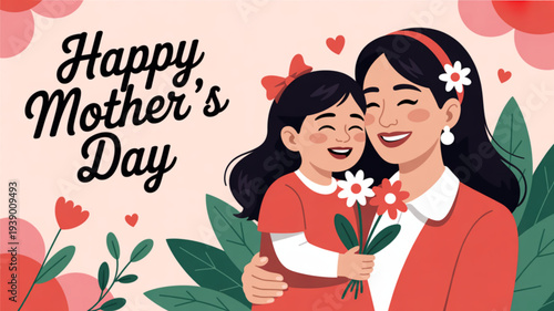 Happy mother's day illustration of mother and daughter embracing with flowers and hearts