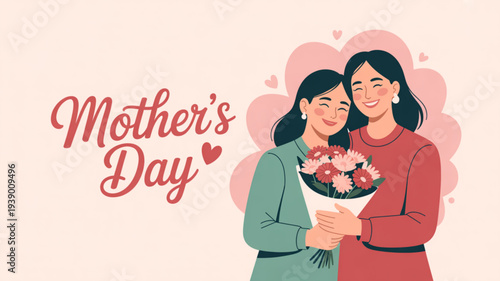 Heartfelt mother's day illustration of two women embracing with flowers