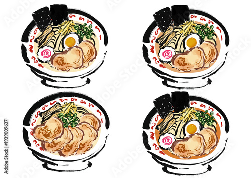 ラーメン（中華そば）の和風筆書きイラストセット