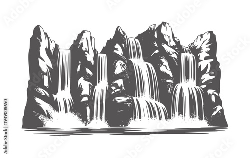Black and white of a multi-tiered waterfall cascading down rocky cliffs cascade rocks