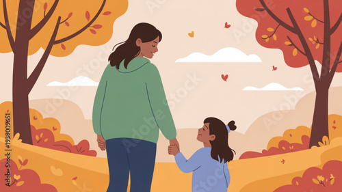 Woman and child holding hands walking through an autumn park with vibrant orange and yellow trees and falling leaves