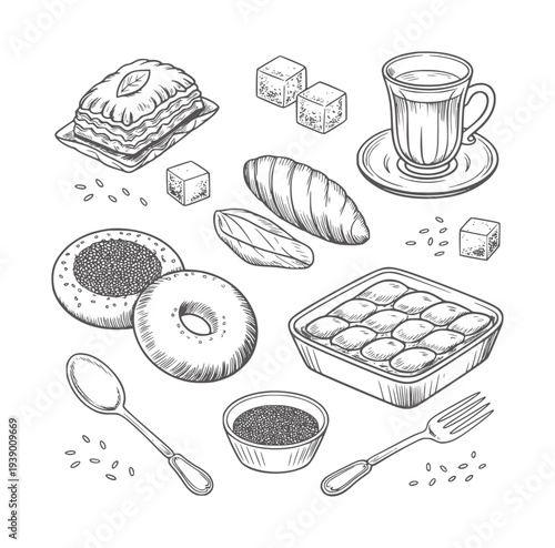 Black and white of assorted pastries and coffee pastry