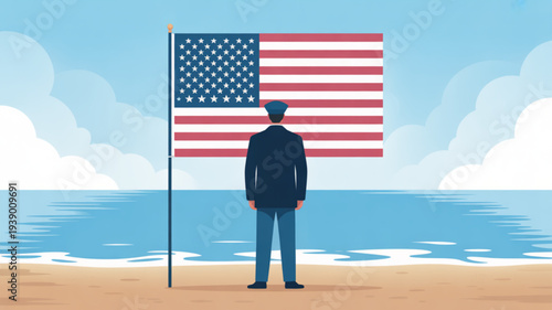 Man in uniform standing on beach holding american flag serene ocean background with fluffy clouds and blue sky