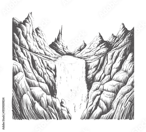 Black and white pencil of a dramatic waterfall cascading down rugged mountains cascade