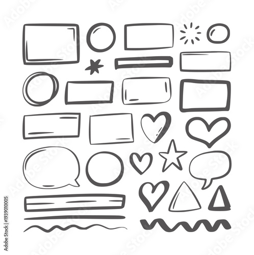 Collection of hand drawn dark grey shapes and symbols white handdrawn