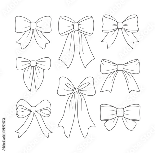 Collection of nine hand drawn black and white bow ribbon knot decorative outline