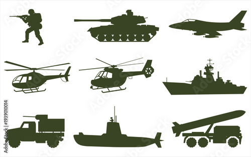 Military Vehicle Silhouettes Collection: Soldier Tank Jet Helicopters Ship Truck Submarine Rocket Launcher