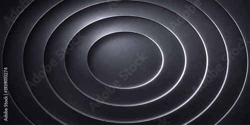 A 3d metallic spiral design with a round black button shape creates an abstract industrial texture for technology or music audio icons