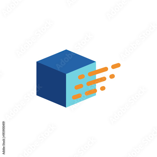 Blue Cube with Orange Particles Ejecting.