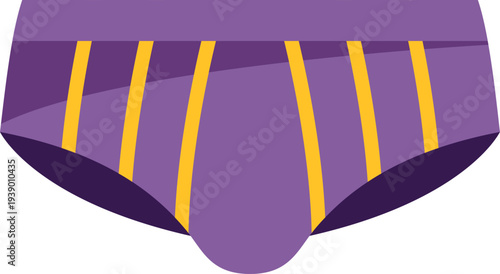 Illustration of modern purple briefs with bold yellow stripes on a plain white background
