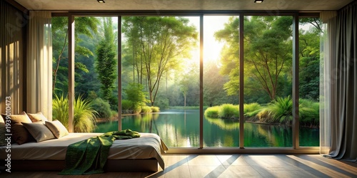 Serene Bedroom Sanctuary with Floor-to-Ceiling Windows Offering Unparalleled Views of a Tranquil Pond and Lush Greenery