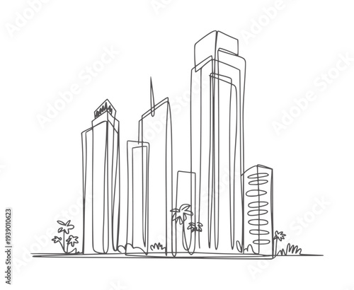 Minimalist black and white line of a city skyline with palm trees