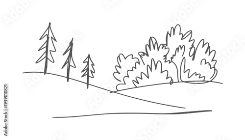 Minimalist black and white line of trees and bushes rolling hills