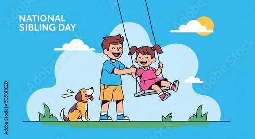 Happy siblings playing on swing set with dog on national sibling day sunny outdoor scene