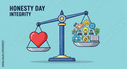 Scales balancing heart with integrity and symbols of business ethics on honesty day