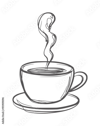 Simple black and white line of a steaming coffee cup a saucer
