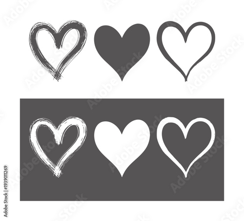 Six hearts in black and white with varied textures and solid fills love symbol shape